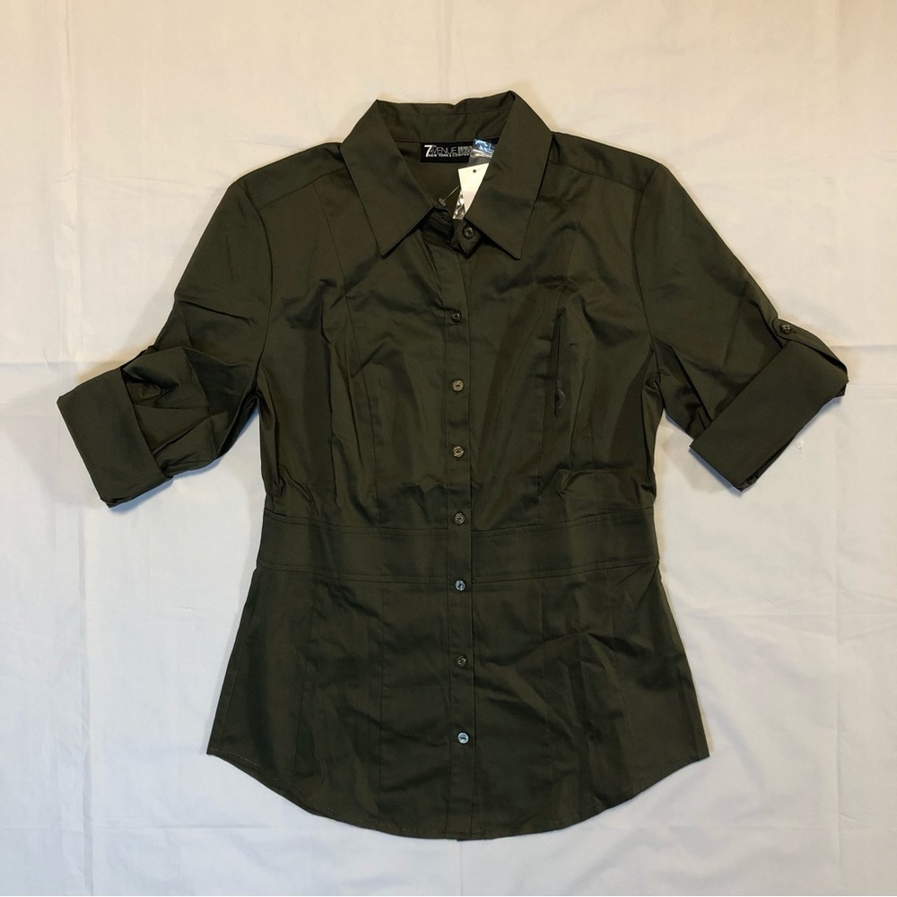 NWT NY & C Women’s Adjustable Sleeve Collared Stretch Button-Down Green Shirt XS